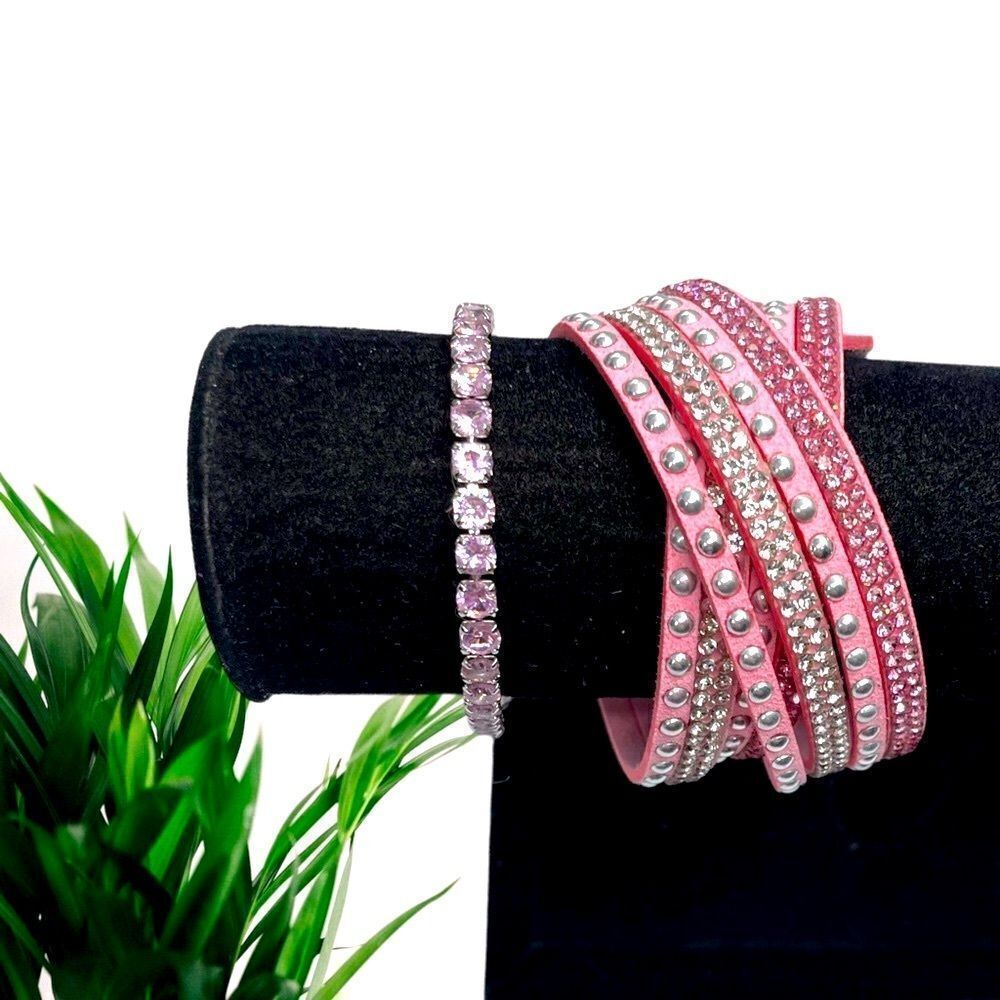 LOT of Pink l Rhinestone Adorned Bracelet l Double-leather pink wrap/wristband..